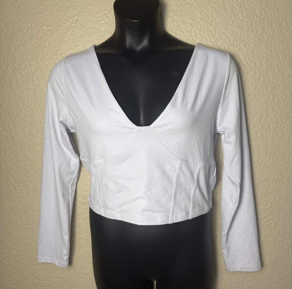 Long Sleeve White Crop Top Corset Waist Reoria 2XL Y2K V Neck Stretch